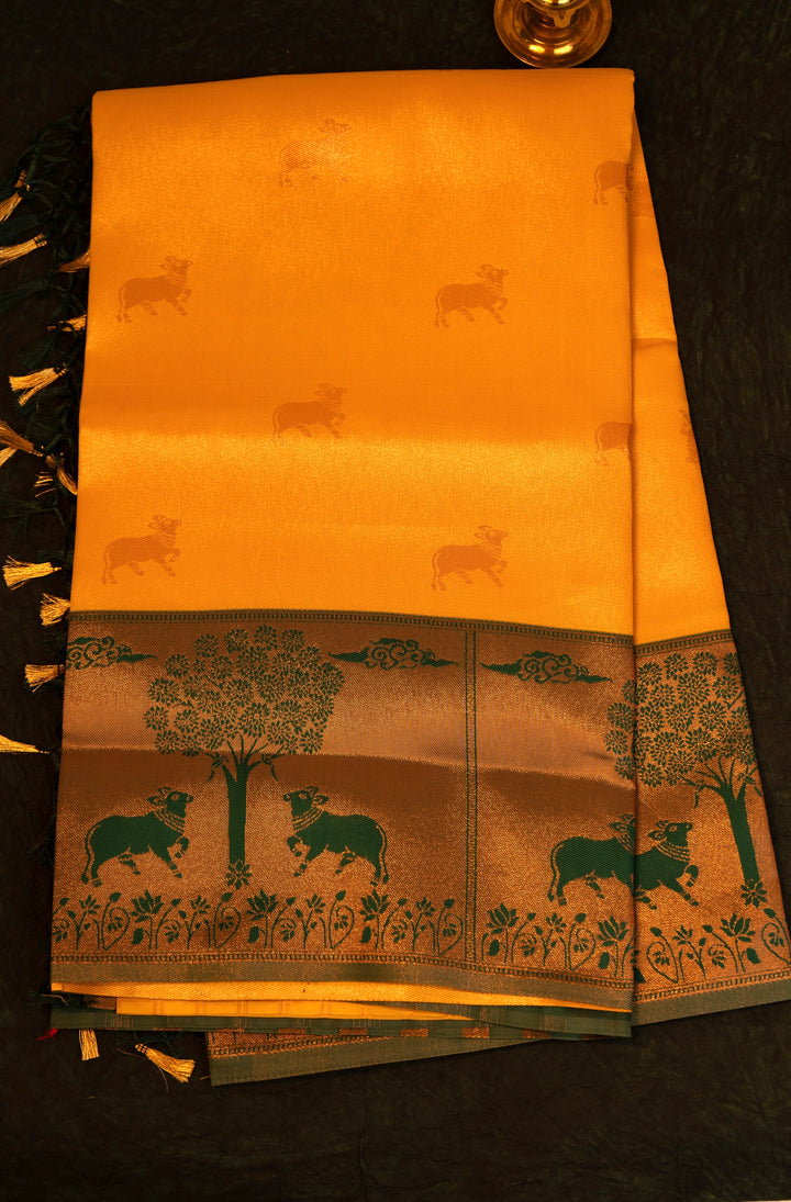 Designer saree in Mustard Yellow with Green Zari Border
