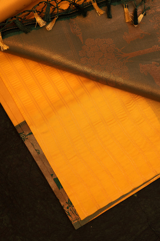 Designer saree in Mustard Yellow with Green Zari Border