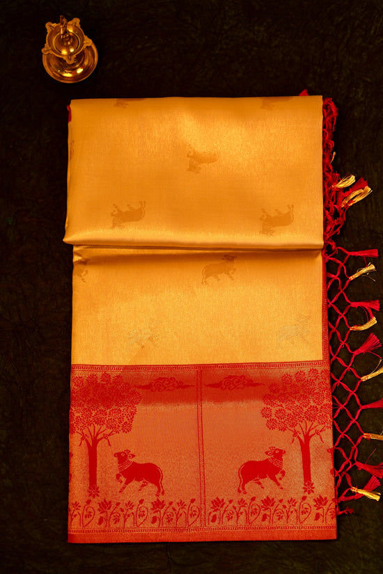 Designer saree in Cream with Red Zari Border