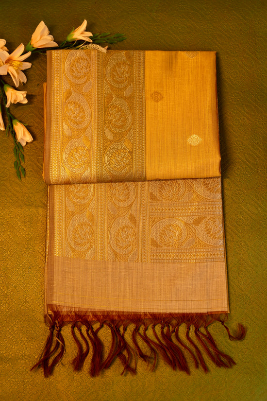 Designer saree in Mustard Yellow with Gold Zari Border