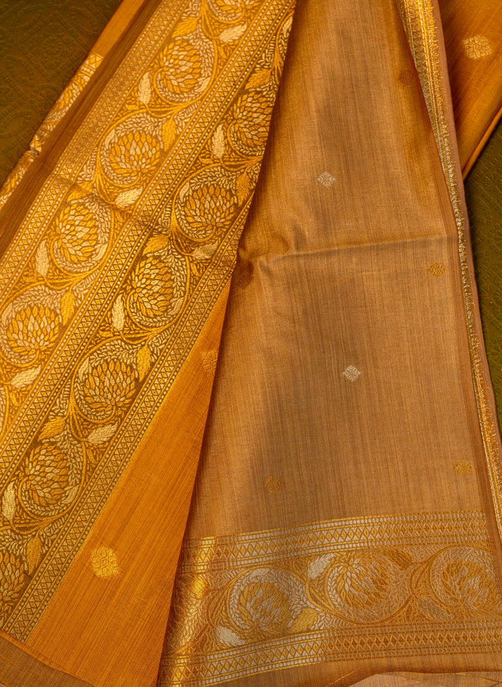 Designer saree in Mustard Yellow with Gold Zari Border