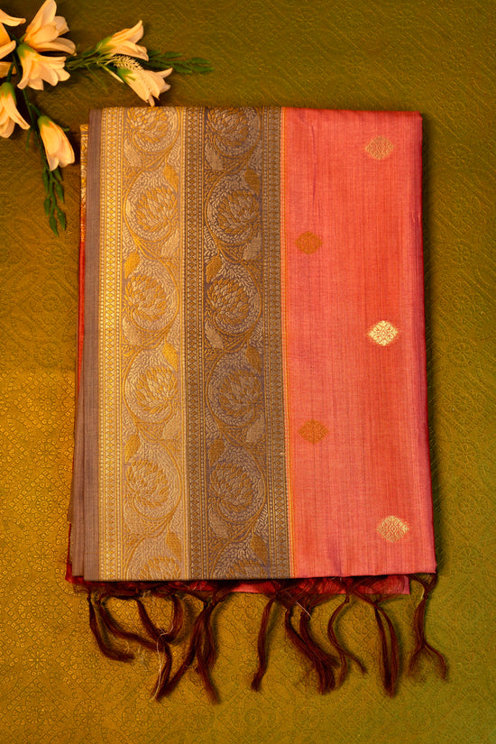 Soft silk  saree in Peach with Gold Zari Border