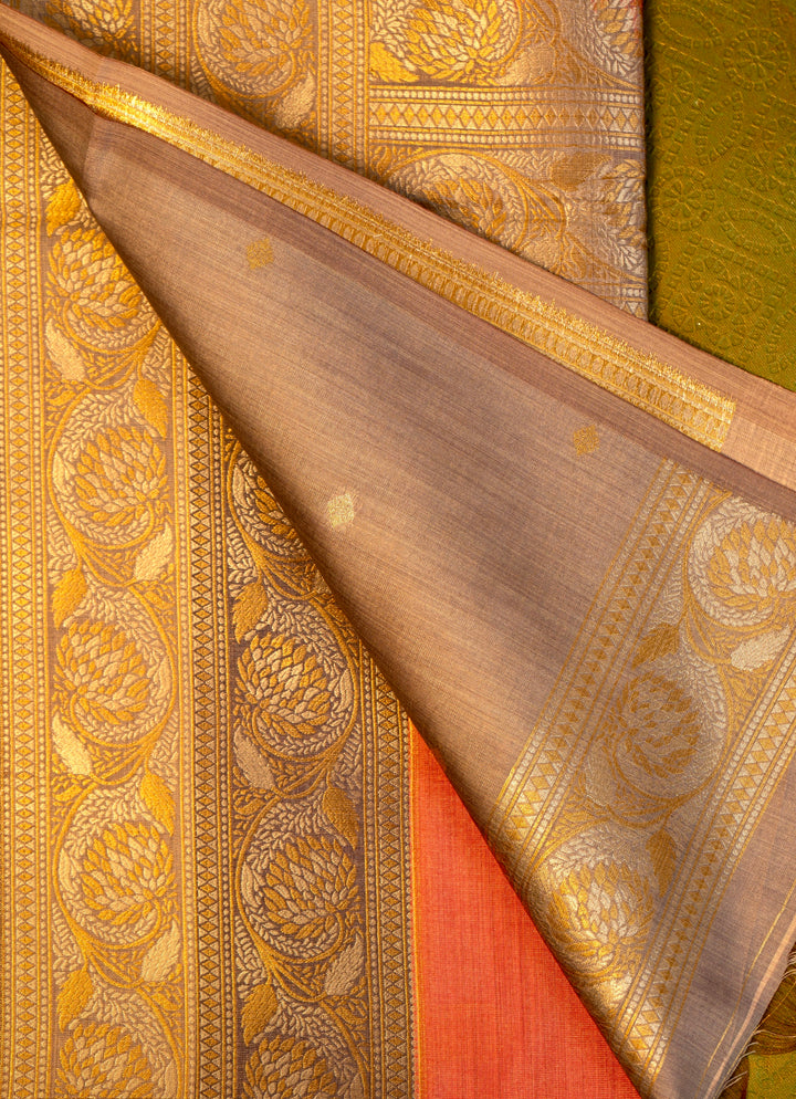 Soft silk  saree in Peach with Gold Zari Border