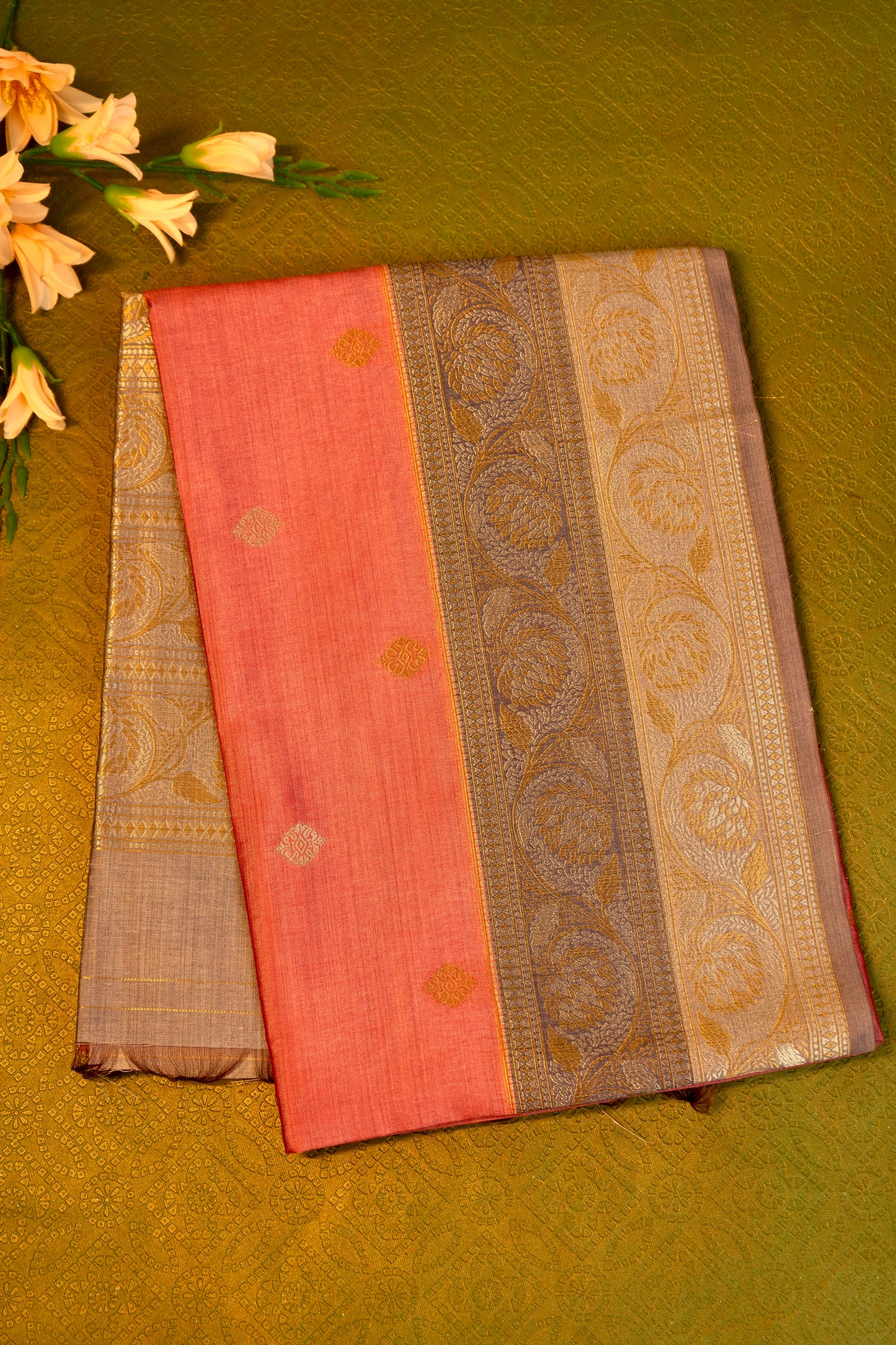 Soft silk  saree in Peach with Gold Zari Border