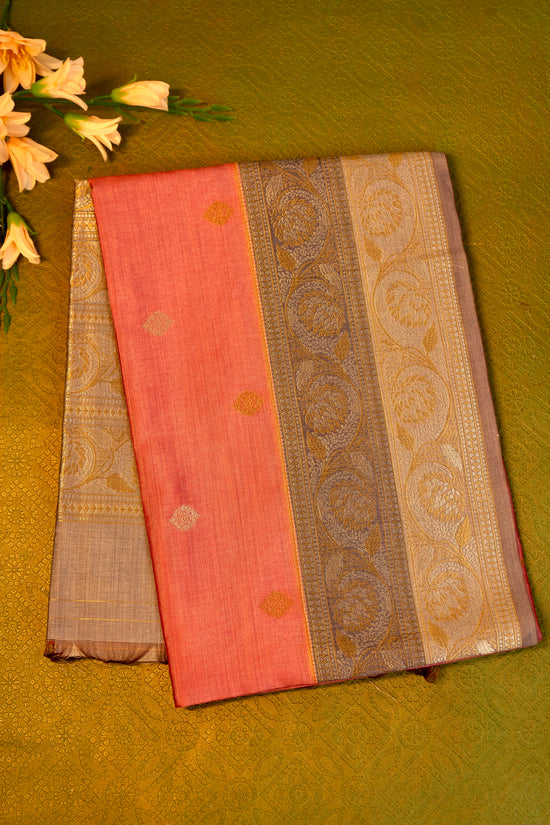 Soft silk  saree in Peach with Gold Zari Border
