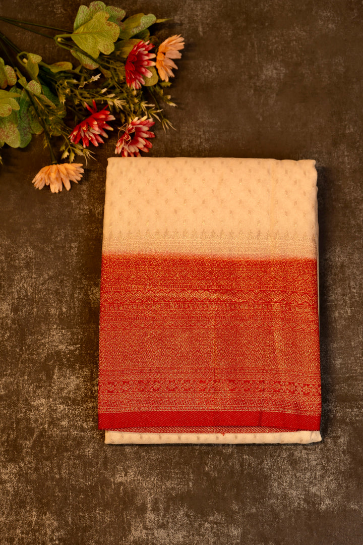 Tissue georgette saree in off white and red with silver zari