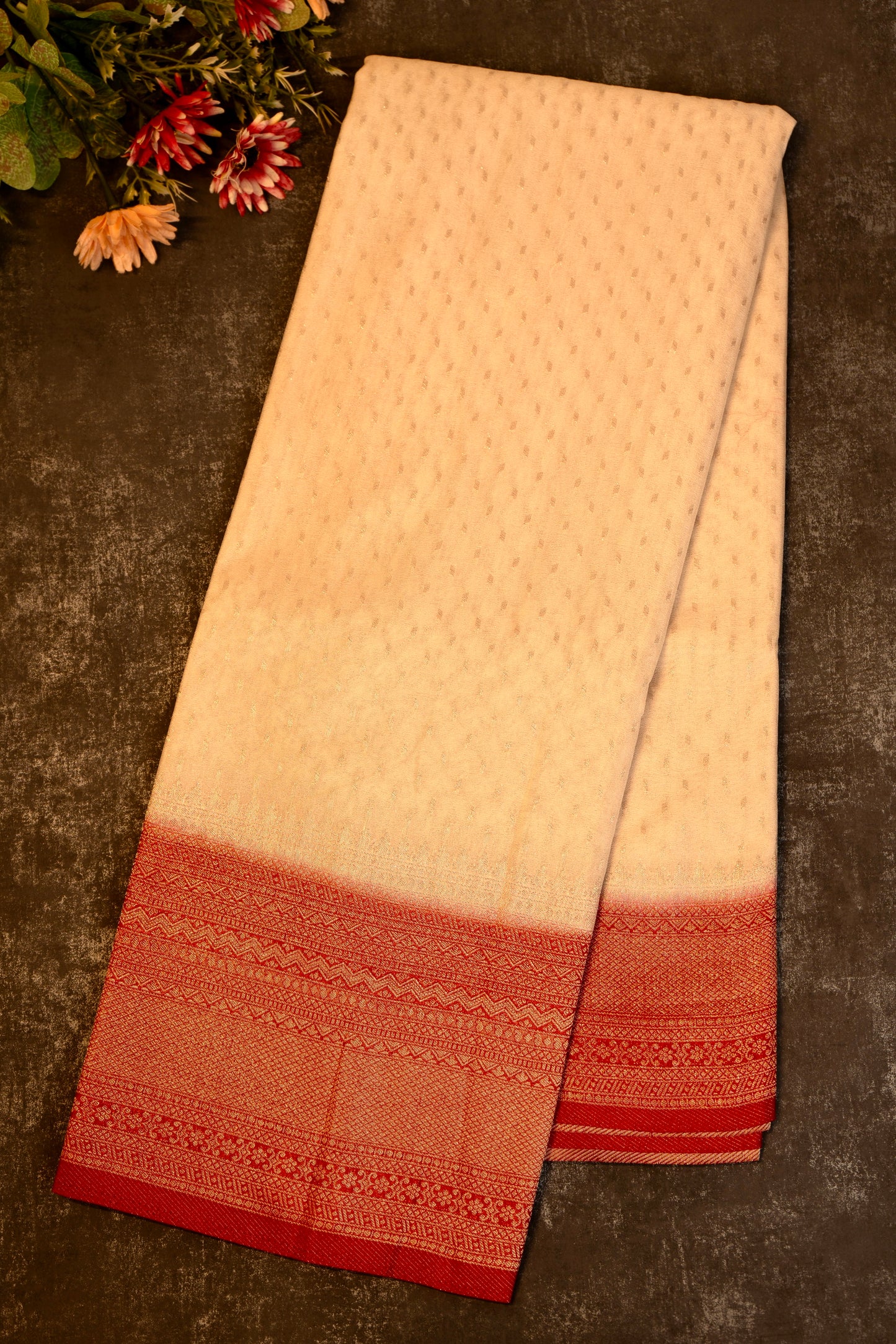 Tissue georgette saree in off white and red with silver zari