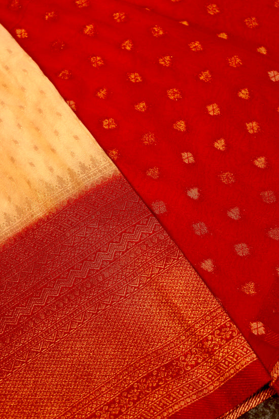 Tissue georgette saree in off white and red with silver zari