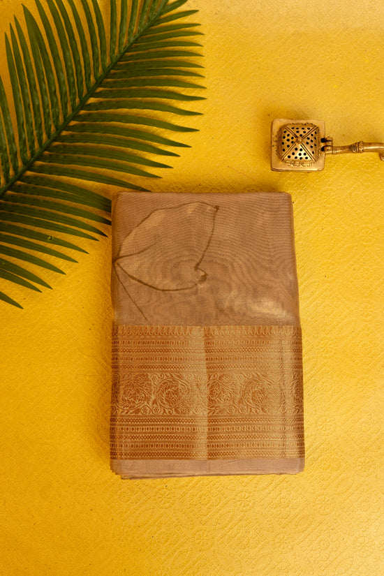 Designer saree in brown gold with floral paisley motifs