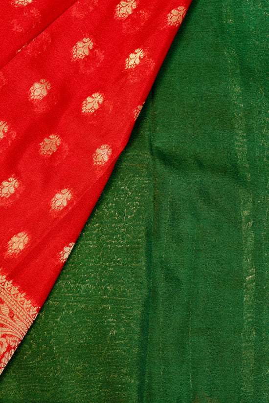 Designer saree in red with woven green motifs