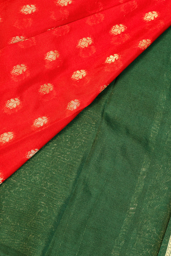 Designer saree in red with woven green motifs