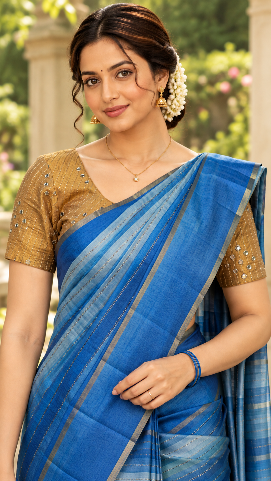 Meghna Royal Blue & Antique Gold Border Designer Silk Saree