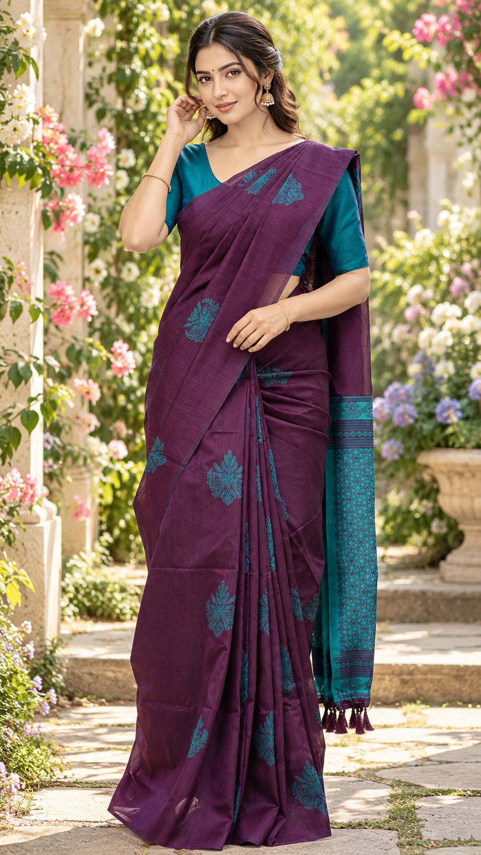 Aadhira Purple Saree with Elegant Peacock Teal Blue Traditional Motifs