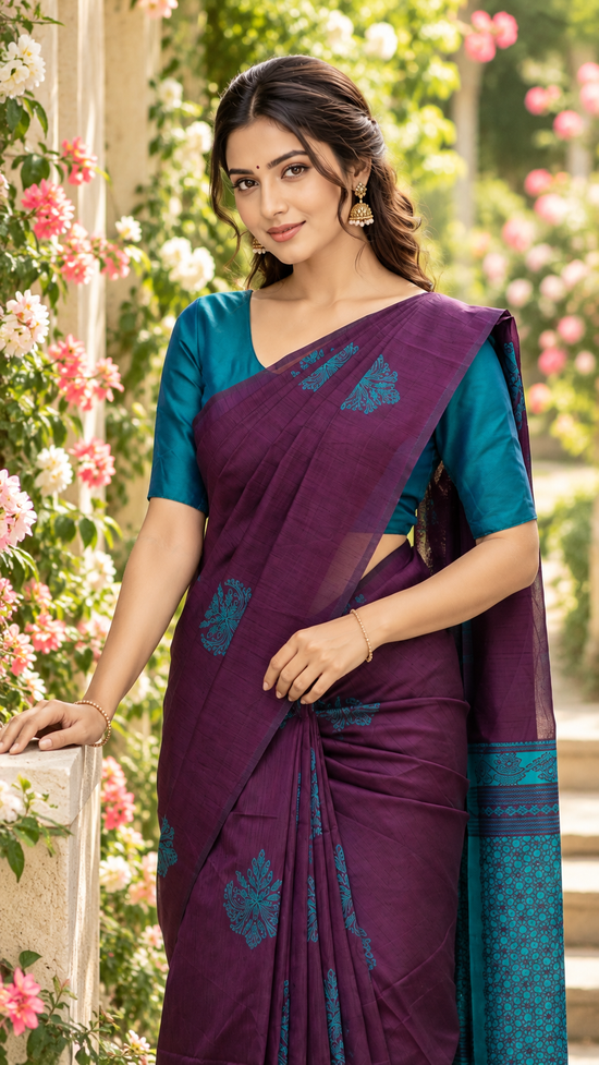 Aadhira Purple Saree with Elegant Peacock Teal Blue Traditional Motifs
