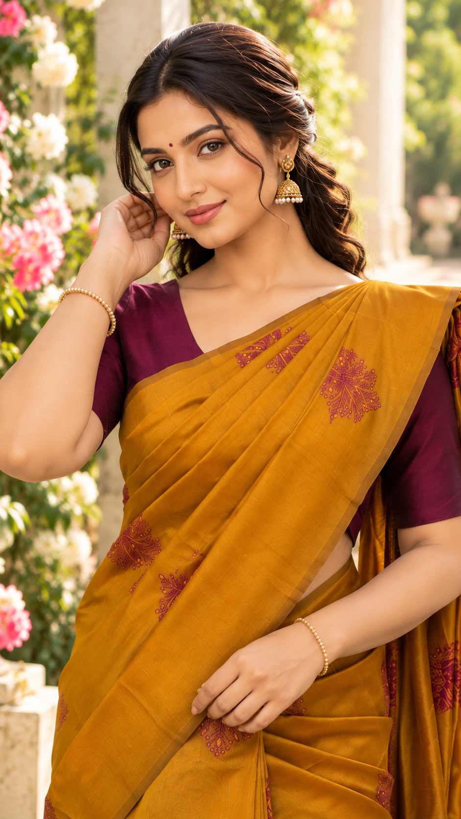 Tanvika Golden Mustard Saree with Traditional Wine Maroon Motifs