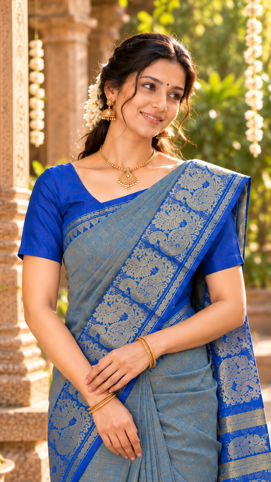 Ponvizhi Royal Blue & Muted Mustard Dual-Tone Cotton Saree with Aduku Annam Border