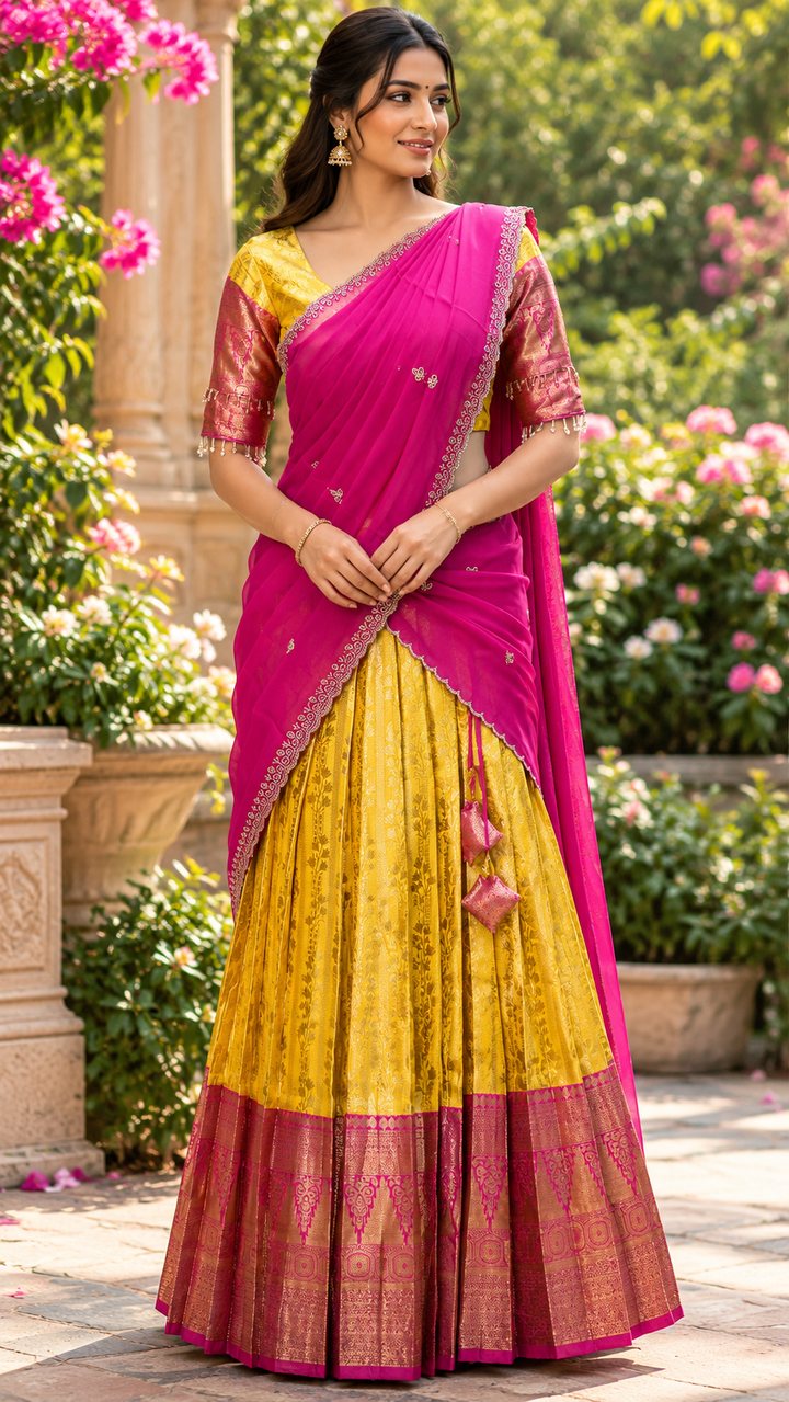 Jaanu Yellow & Pink Varnasi Jacquard Half Saree Set with Aari Work Dupatta