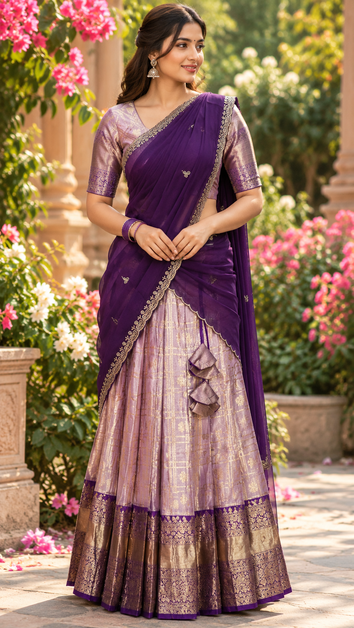 Sreeleela Lilac & Purple Varnasi Jacquard Half Saree Set with Aari Work Dupatta