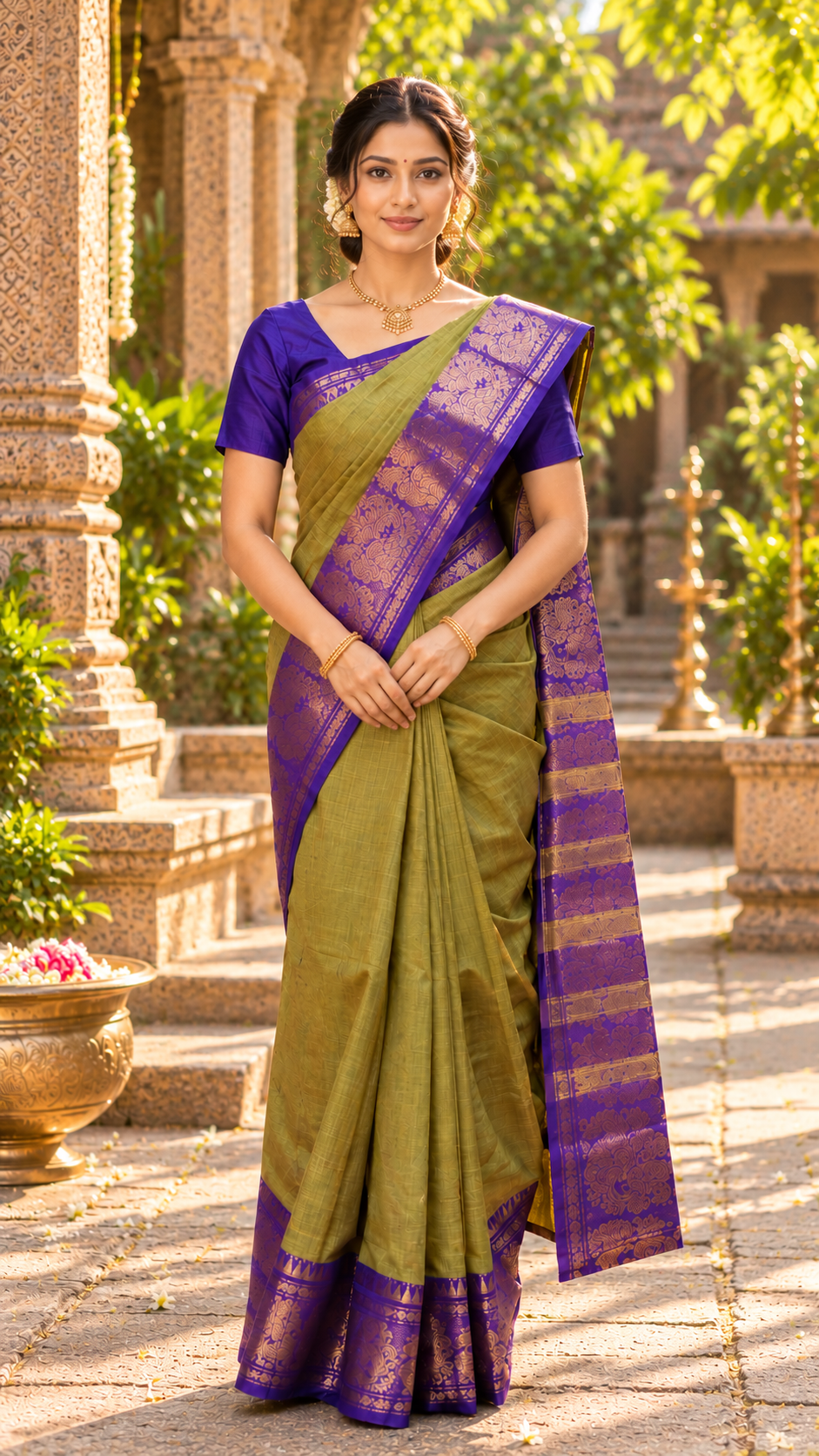 Iniyaval Elegant Olive Green Cotton Saree with Royal Purple Aduku Annam Border