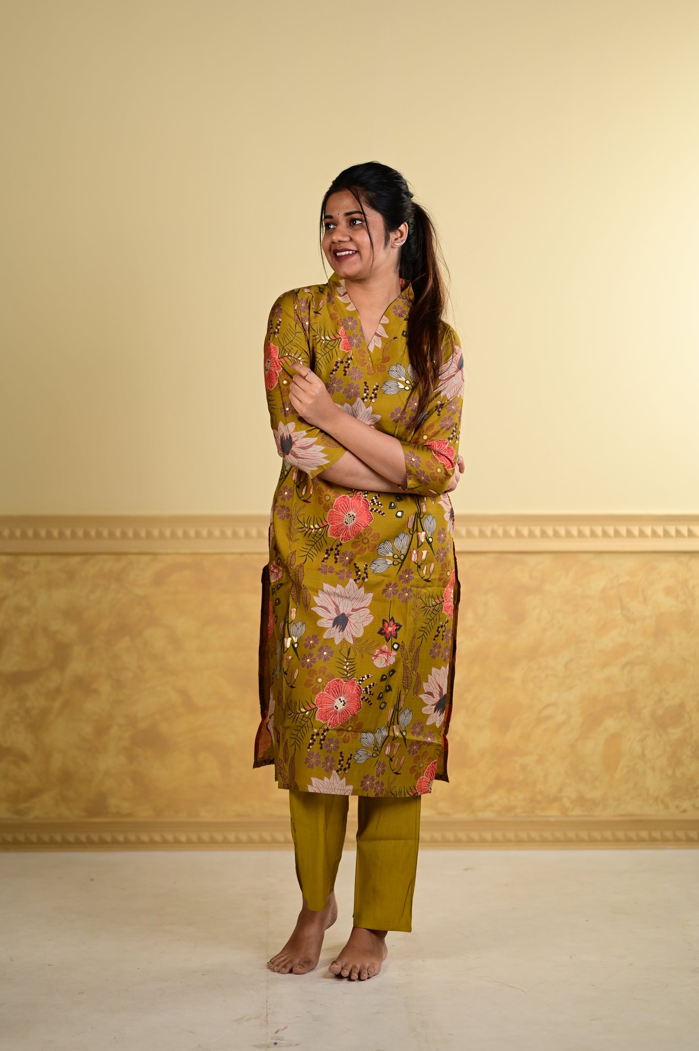 Navya floral kurti set in mustard yellow