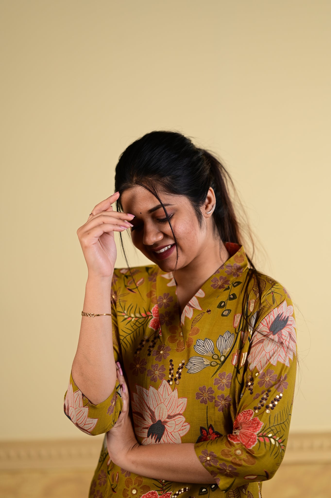 Navya floral kurti set in mustard yellow