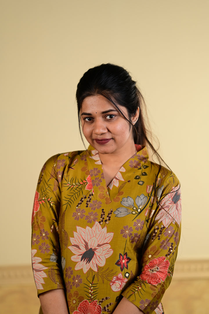 Navya floral kurti set in mustard yellow