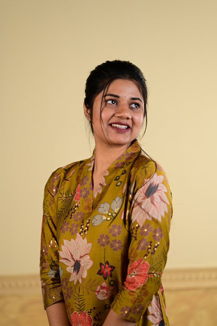Navya floral kurti set in mustard yellow
