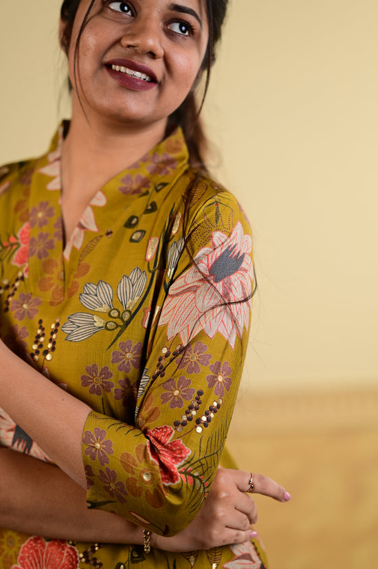 Navya floral kurti set in mustard yellow