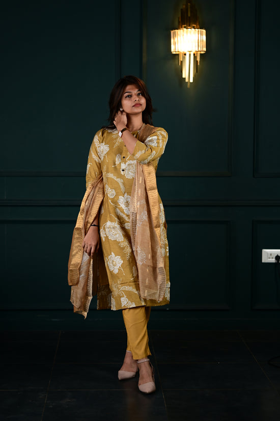 Shreya salwar set in antique gold in vertican fabric
