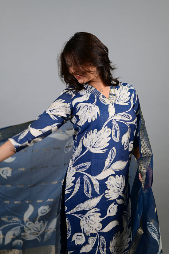 Sahithya salwar set in navy blue with flower design in vertican fabric