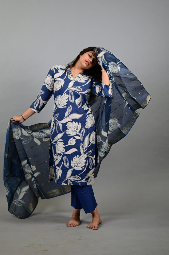 Sahithya salwar set in navy blue with flower design in vertican fabric