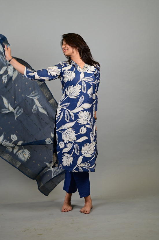 Sahithya salwar set in navy blue with flower design in vertican fabric