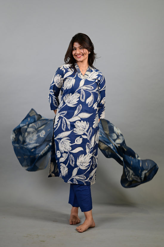 Sahithya salwar set in navy blue with flower design in vertican fabric