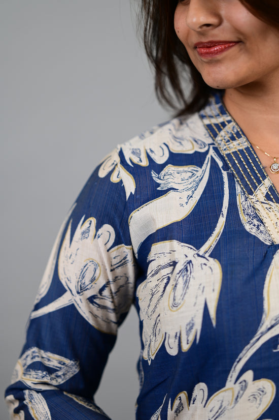 Sahithya salwar set in navy blue with flower design in vertican fabric