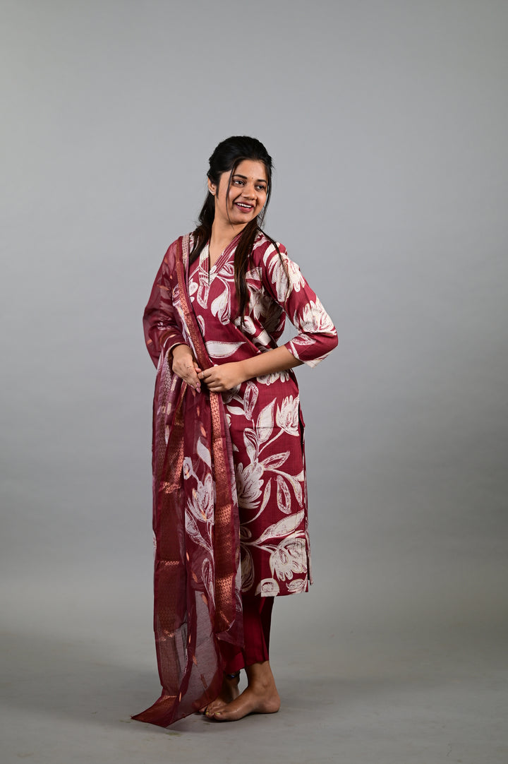 Sahithya salwar set in vintage marooon in vertican fabric