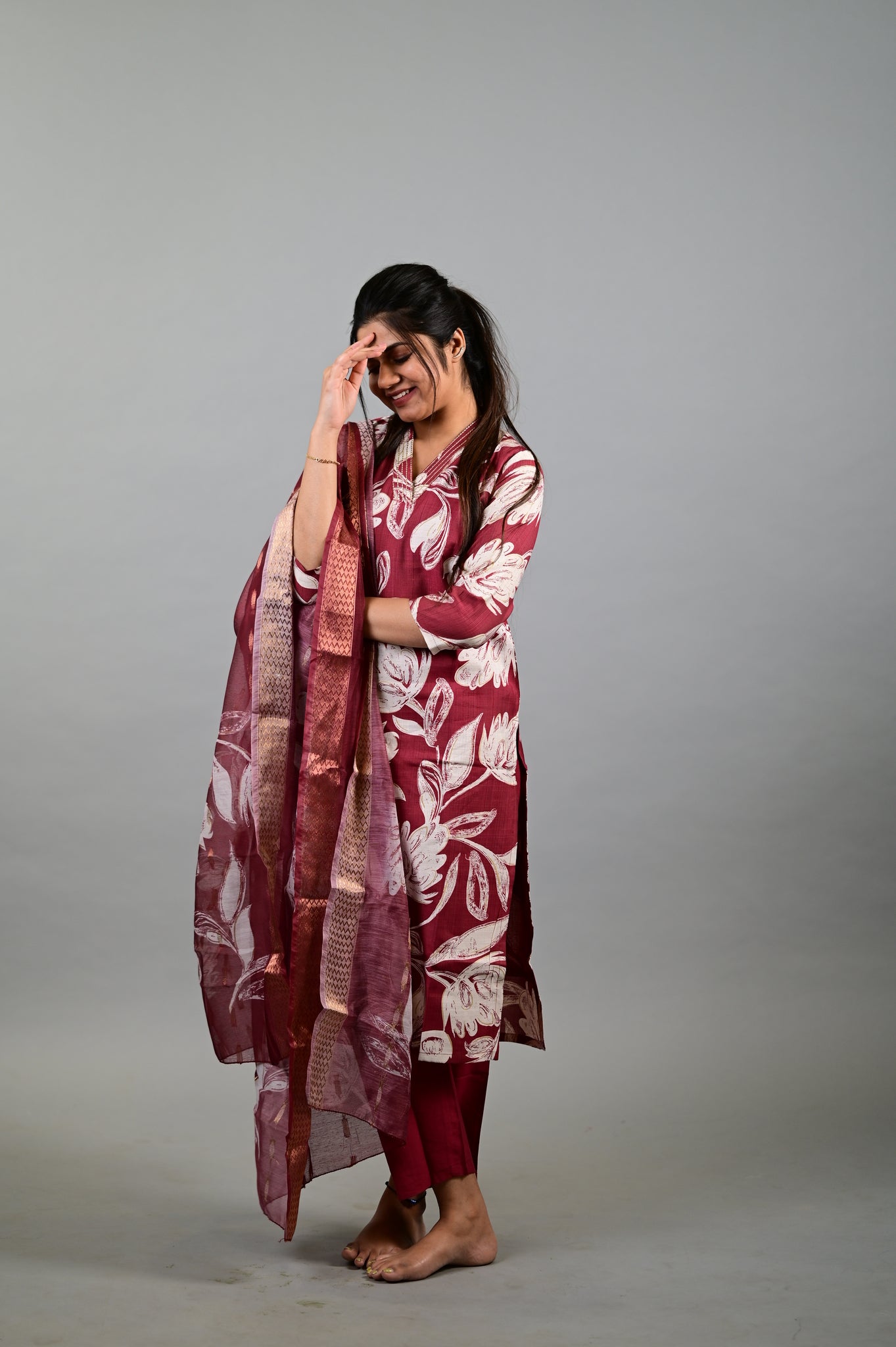 Sahithya salwar set in vintage marooon in vertican fabric