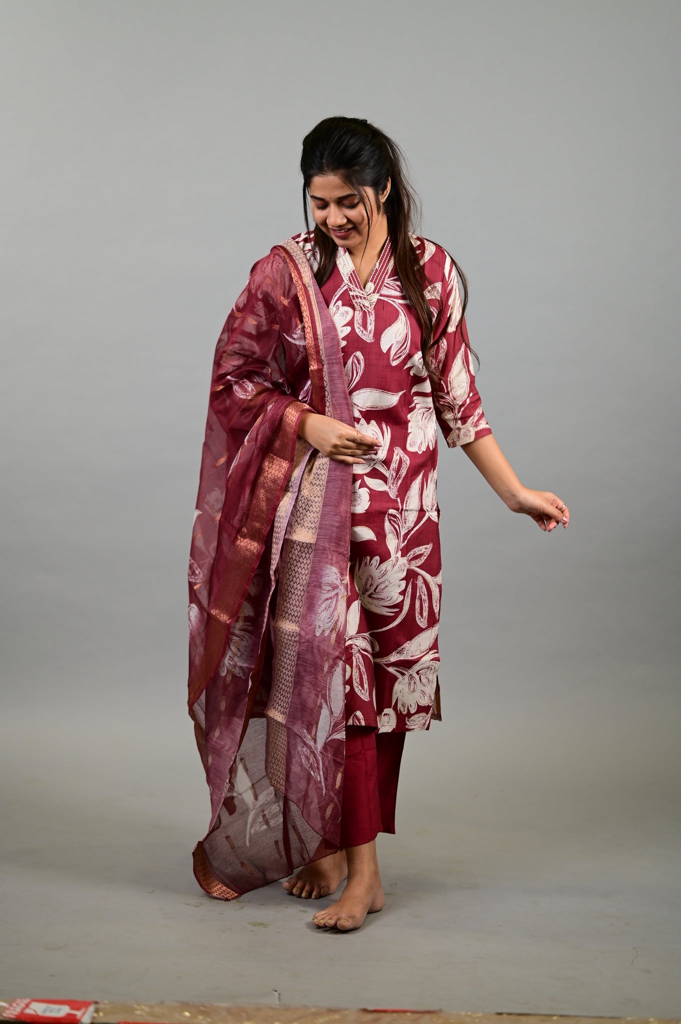 Sahithya salwar set in vintage marooon in vertican fabric
