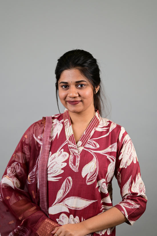 Sahithya salwar set in vintage marooon in vertican fabric