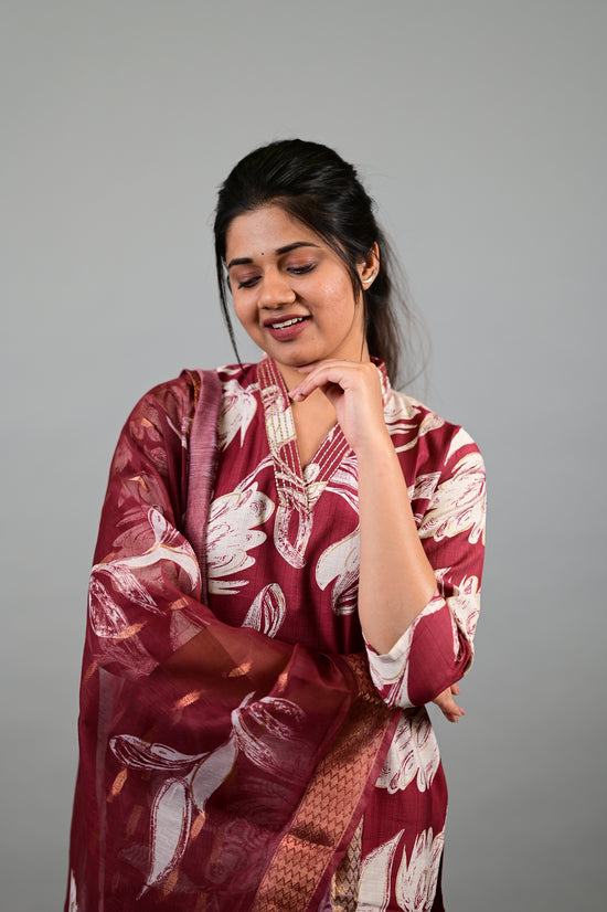 Sahithya salwar set in vintage marooon in vertican fabric