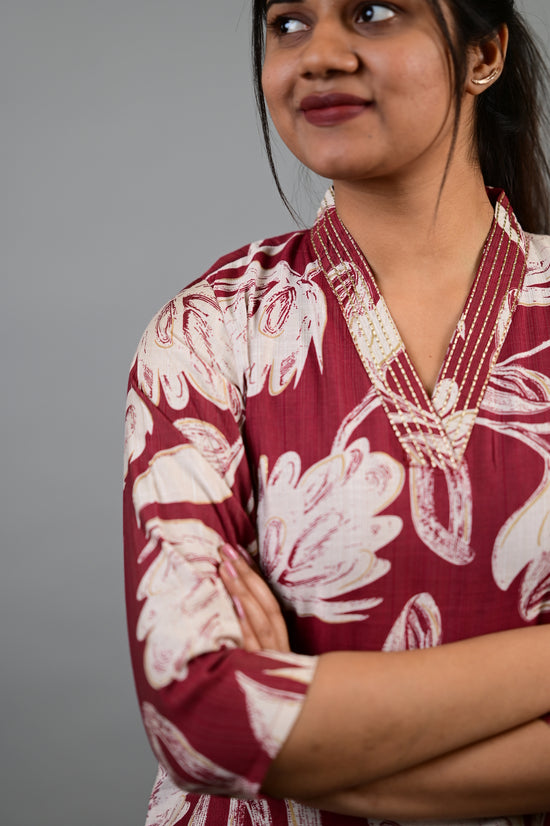 Sahithya salwar set in vintage marooon in vertican fabric