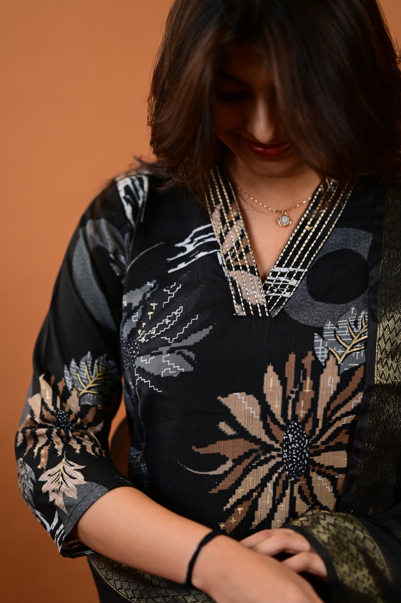 Saanvi salwar set in black with flower design in vertican fabric