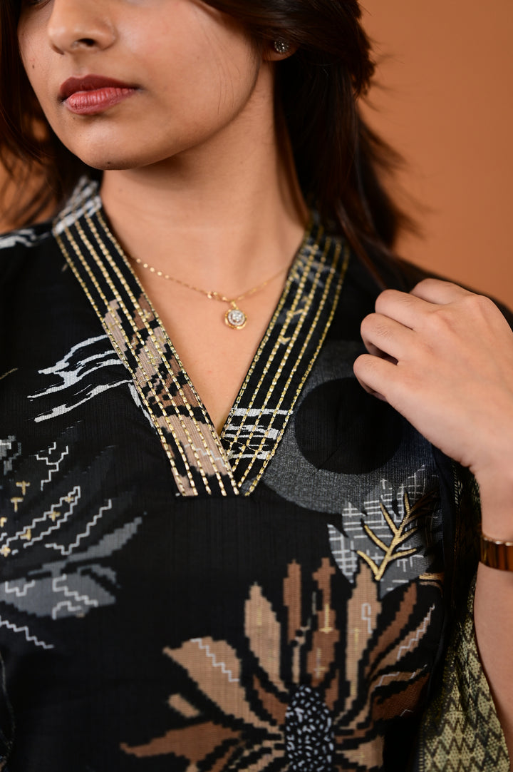 Saanvi salwar set in black with flower design in vertican fabric