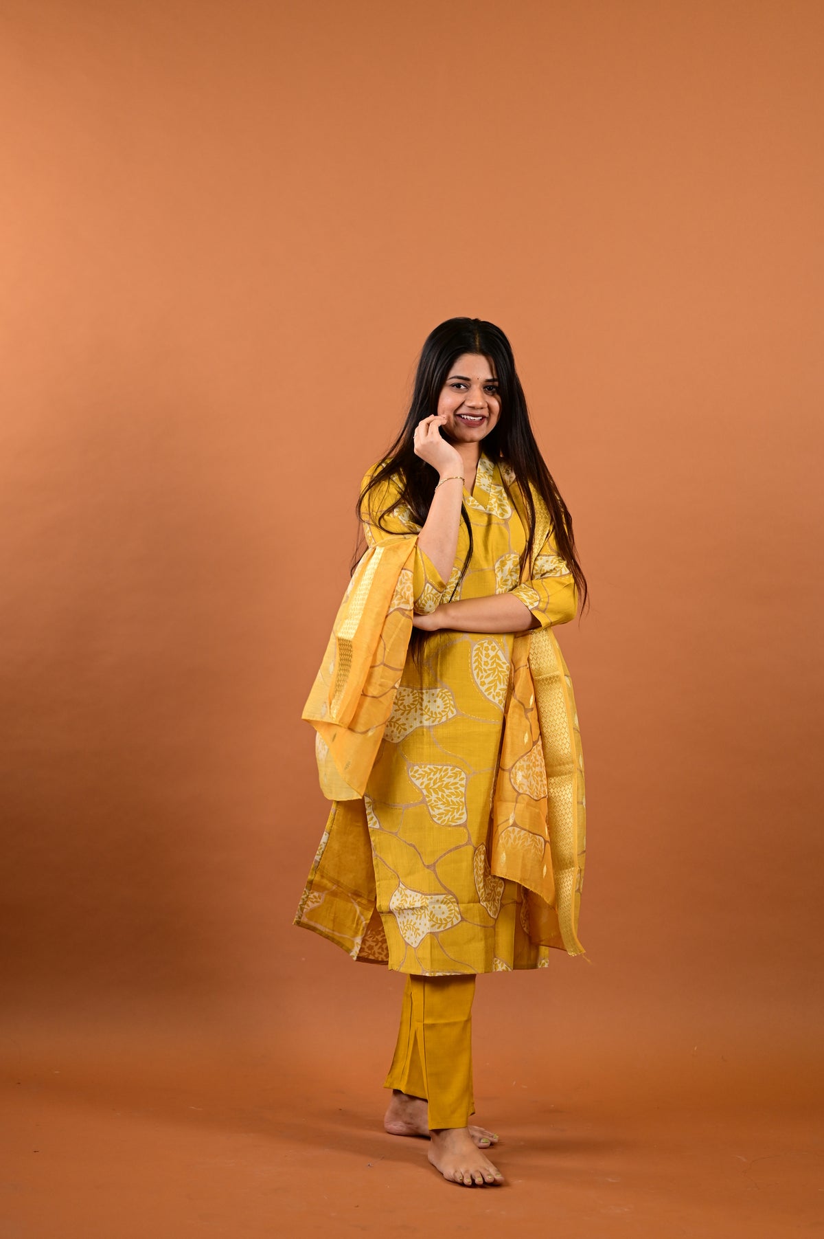 Ziya salwar set in mustard yellow with flower design in vertican fabric