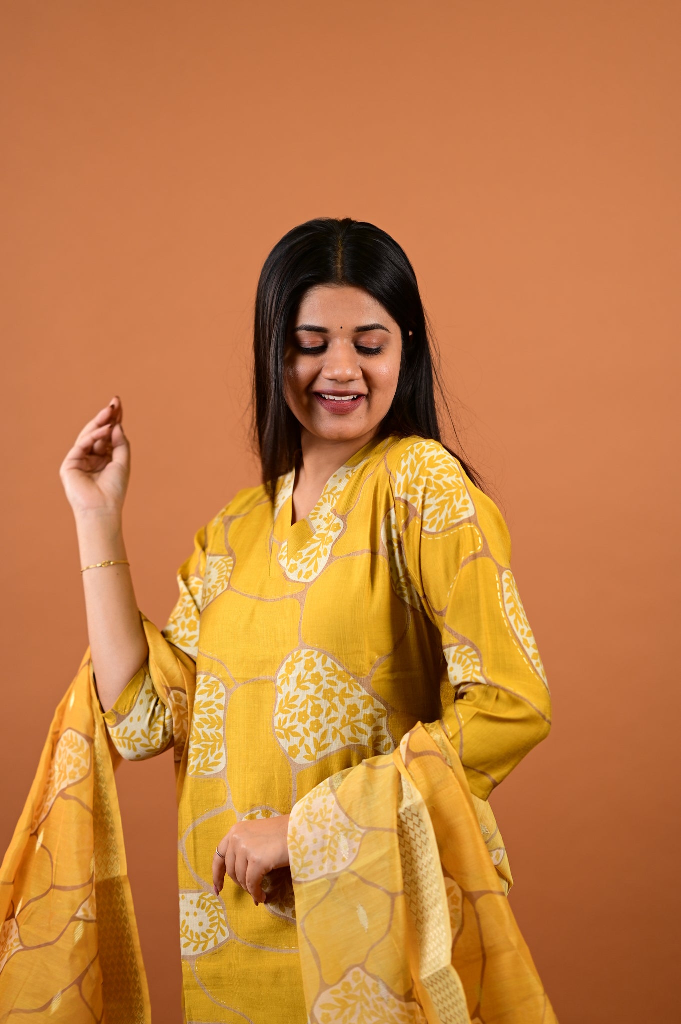 Ziya salwar set in mustard yellow with flower design in vertican fabric
