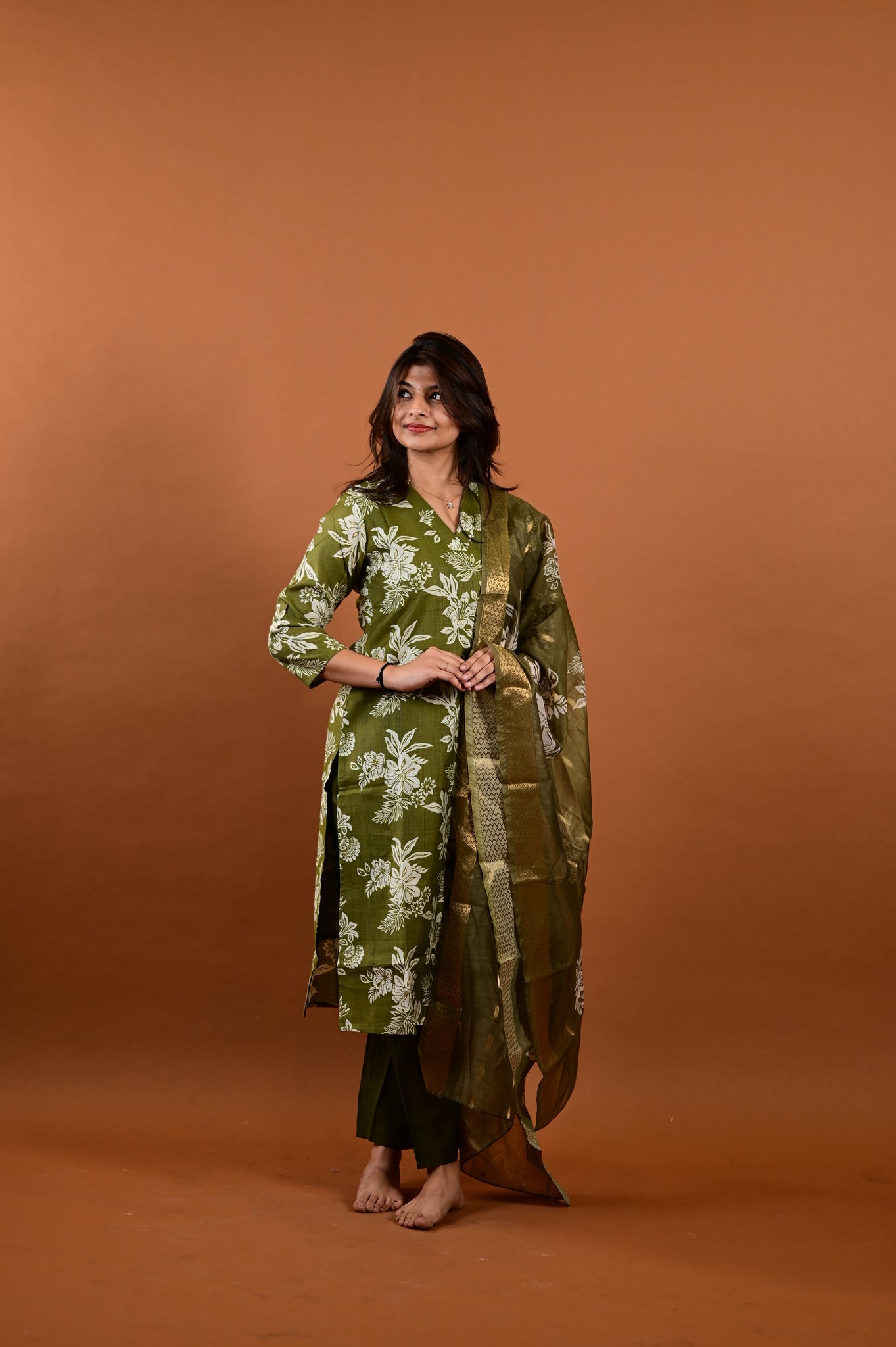 Revathi salwar set in olive green in vertican fabric