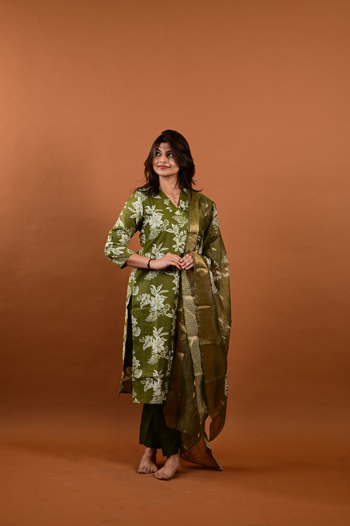 Revathi salwar set in olive green in vertican fabric