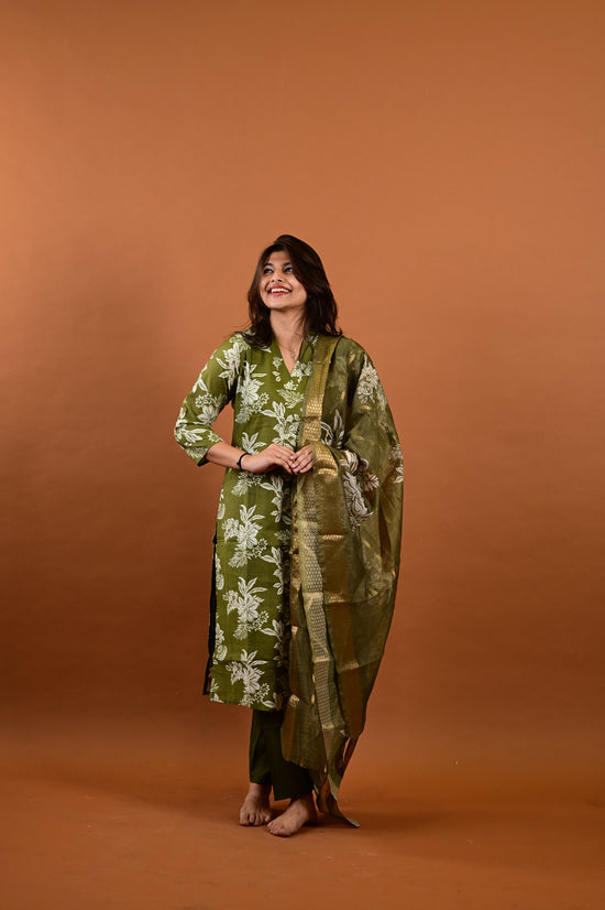 Revathi salwar set in olive green in vertican fabric