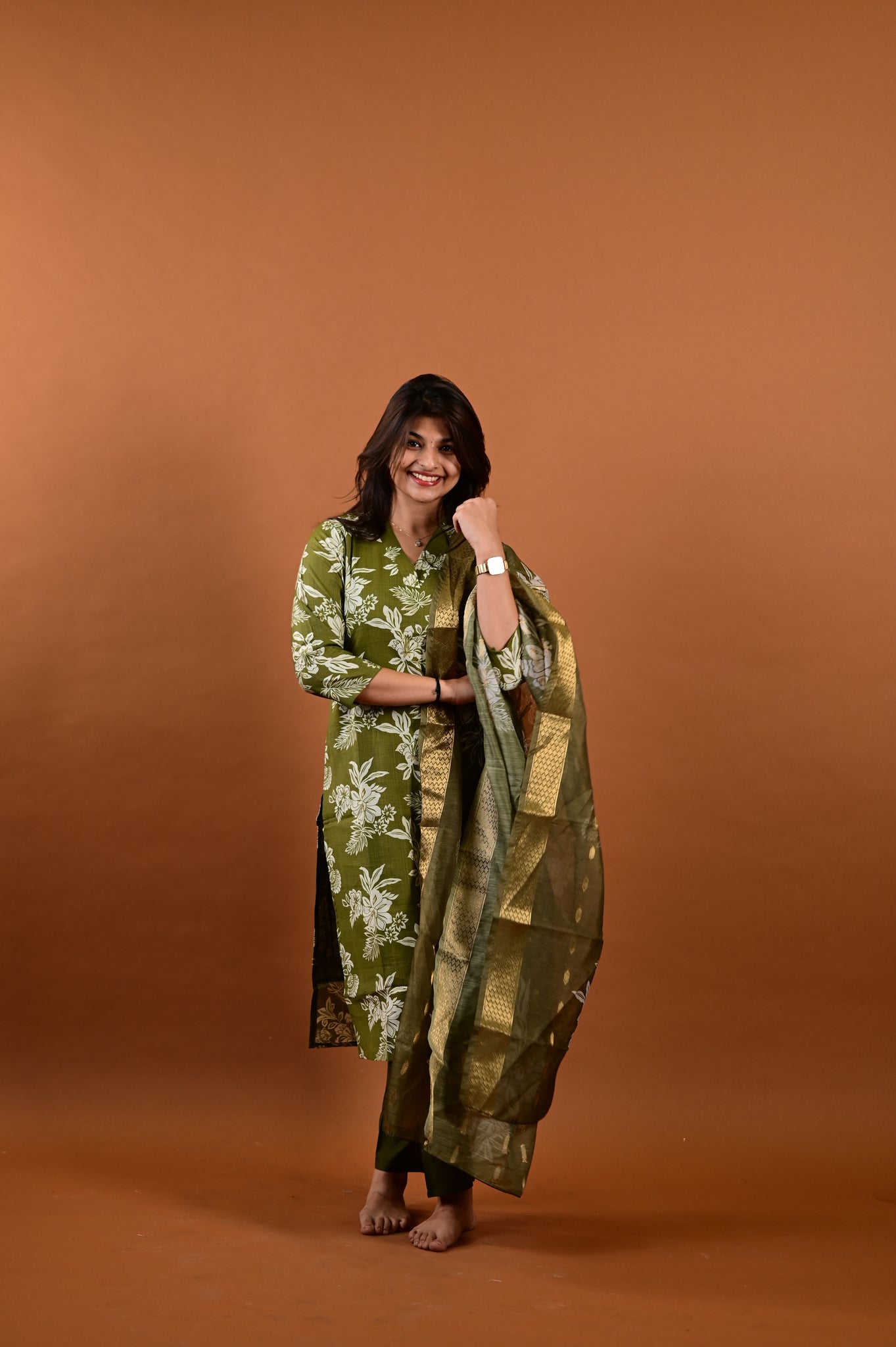 Revathi salwar set in olive green in vertican fabric