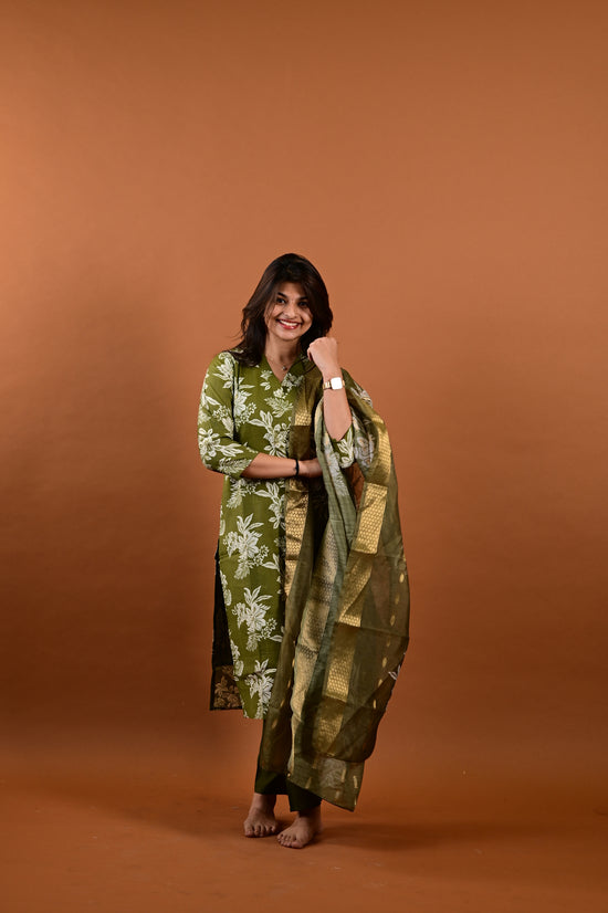 Revathi salwar set in olive green in vertican fabric