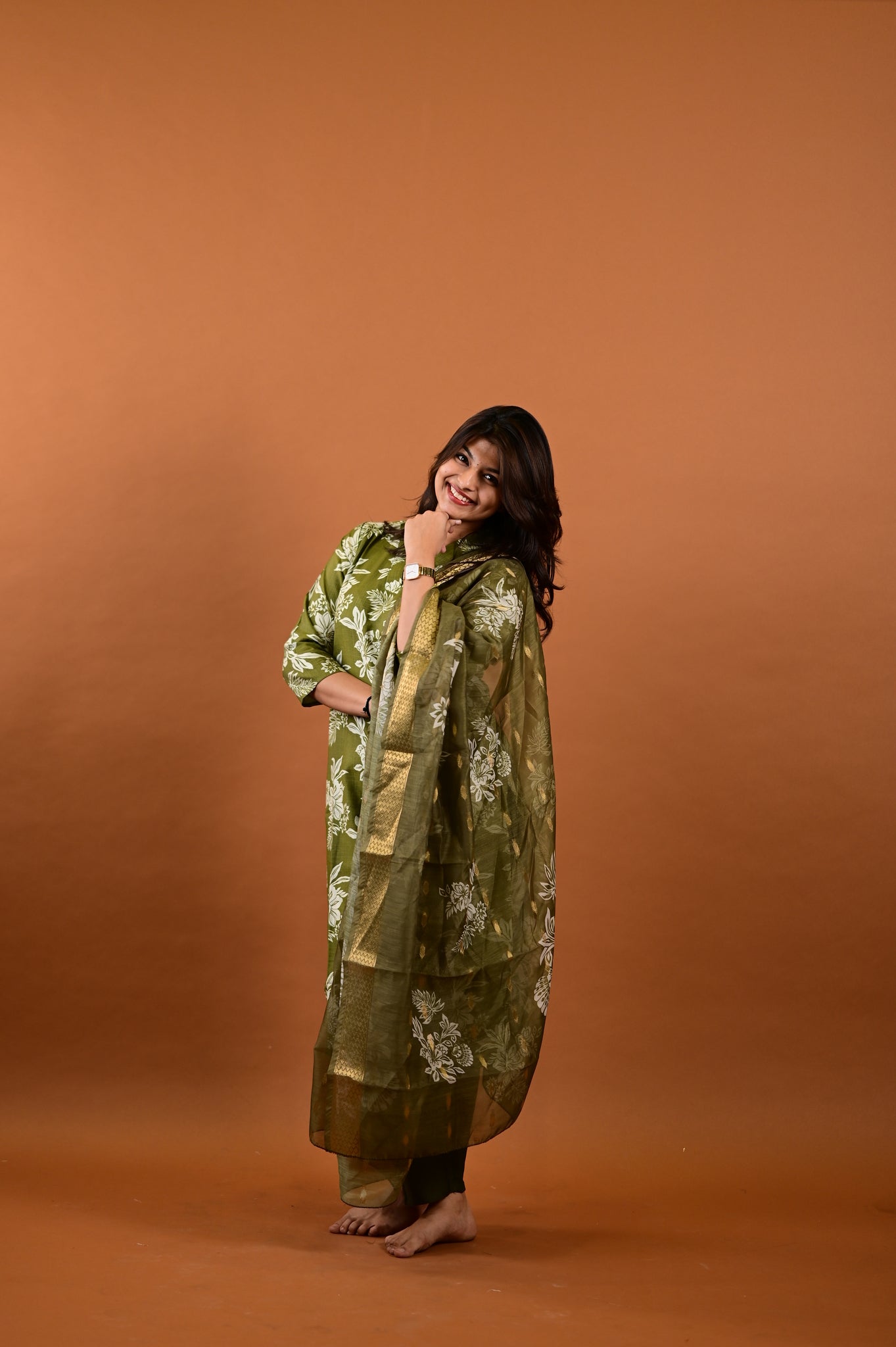Revathi salwar set in olive green in vertican fabric